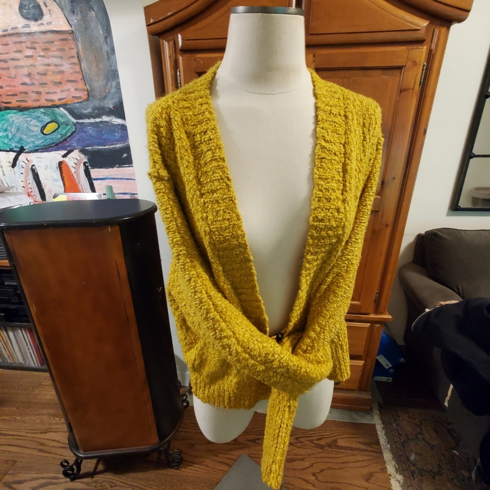 Mustard yellow crochet Whimsy grunge cardigan sweater fuzzy free people Boho - Picture 4 of 9